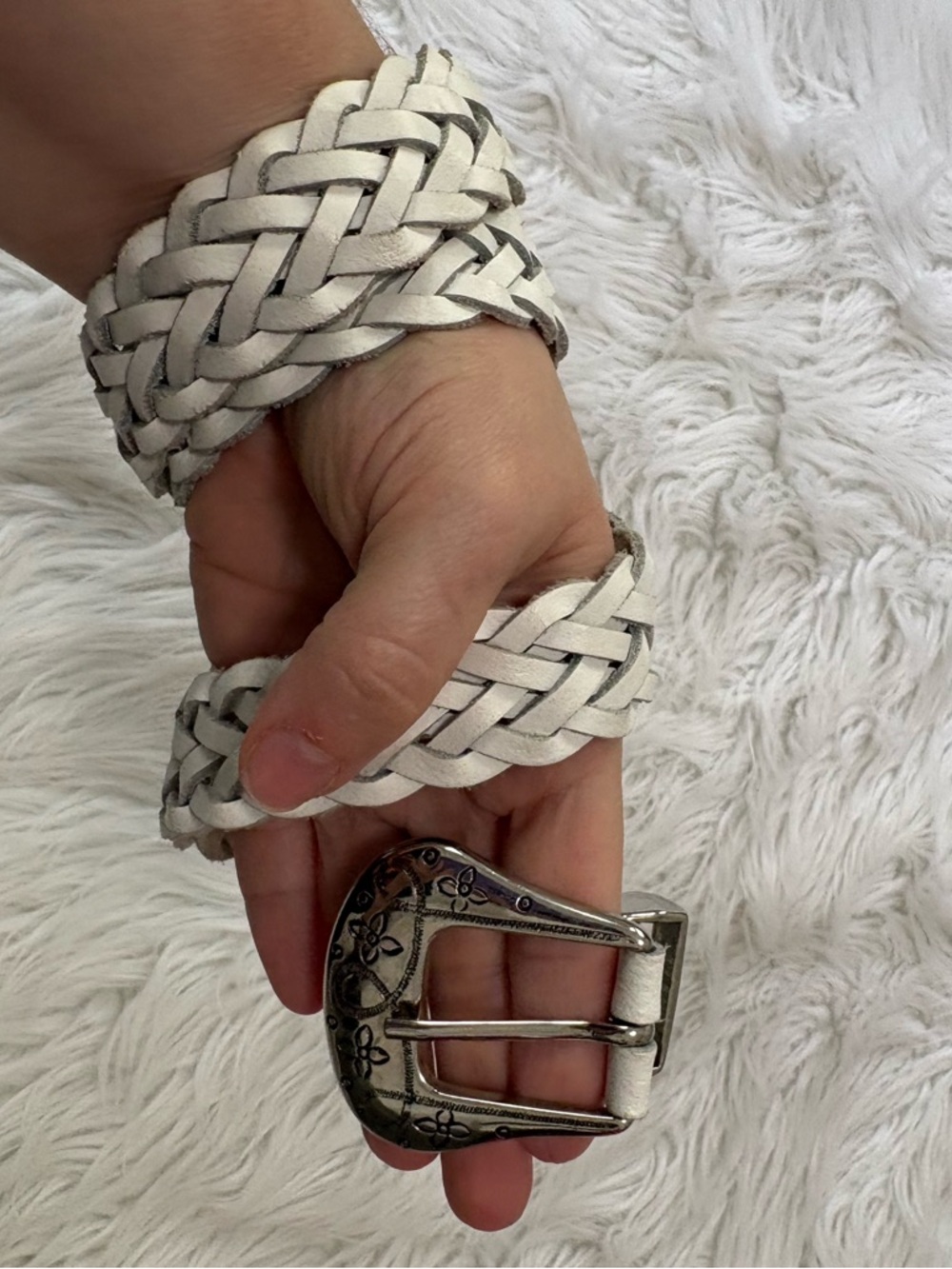 Vintage Y2K Festival Western Boho White Leather Braided Belt